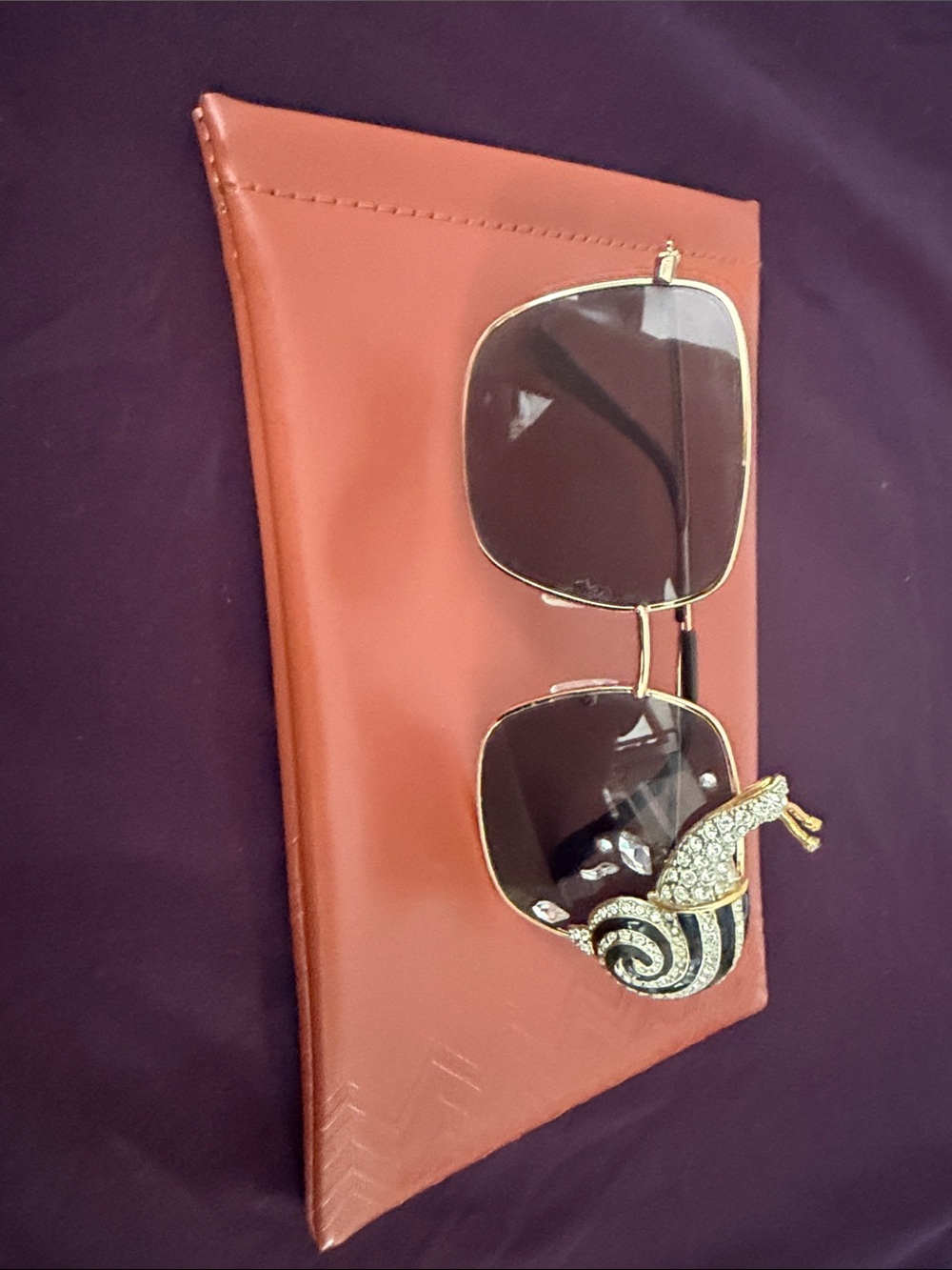 Meghan LA Gold-Trim Sunglasses with Brown Lenses and Crystal Snail